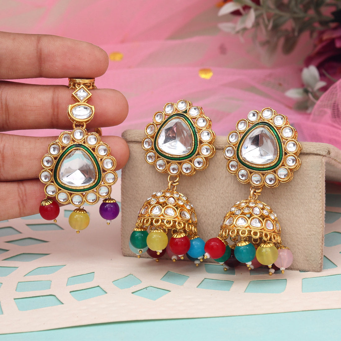 Multi Color Kundan Earrings With Maang Tikka (KDTE574MLT