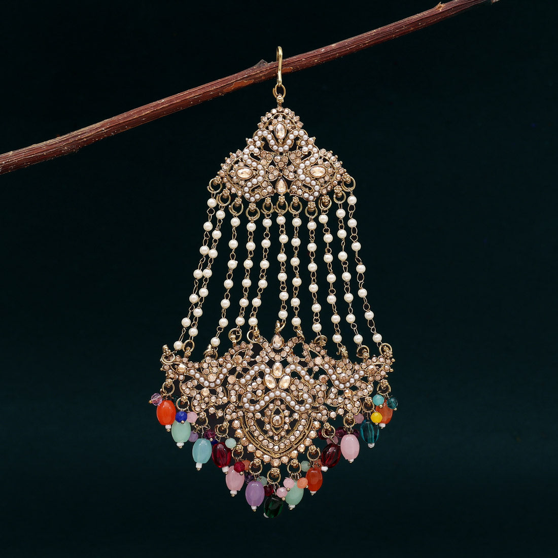 Multi Color Pakistani Kundan Earrings With Maang Tikka & Maang Pasa (KDTE581MLT)