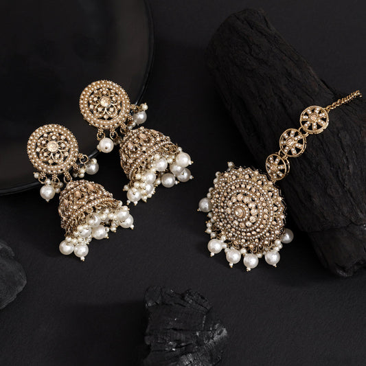 Gold Color Pakistani Kundan Earrings With Maang Tikka (KDTE589GLD)