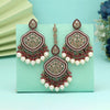 Magenta Color Pakistani Kundan Earrings With Maang Tikka (KDTE591MNT)