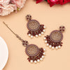 Maroon Color Pakistani Kundan Earrings With Maang Tikka (KDTE592MRN)