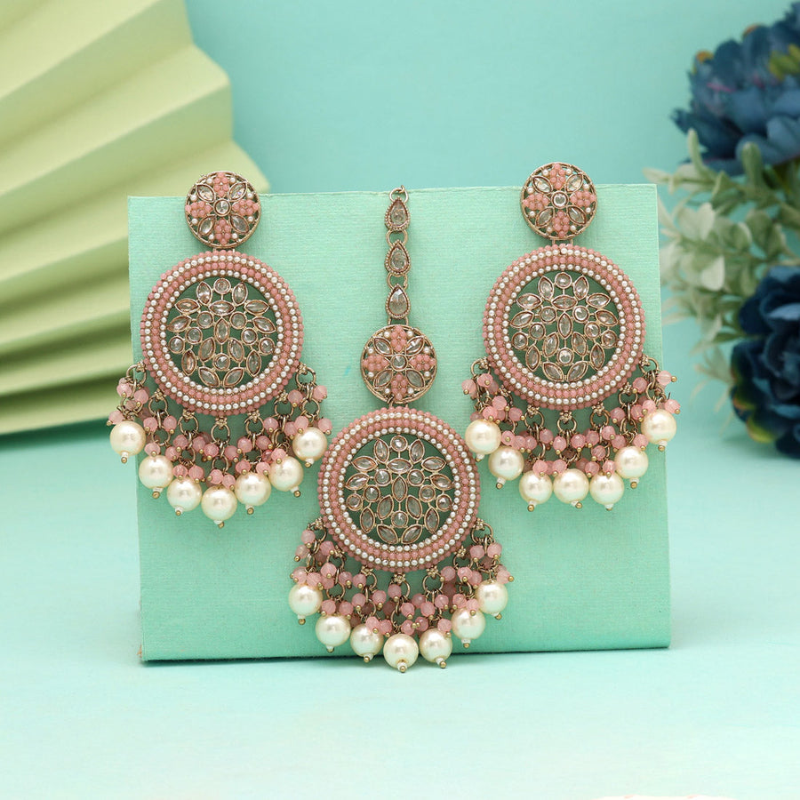 Pink Color Pakistani Kundan Earrings With Maang Tikka (KDTE592PNK)