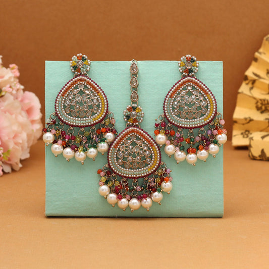 Multi Color Pakistani Kundan Earrings With Maang Tikka (KDTE593MLT)