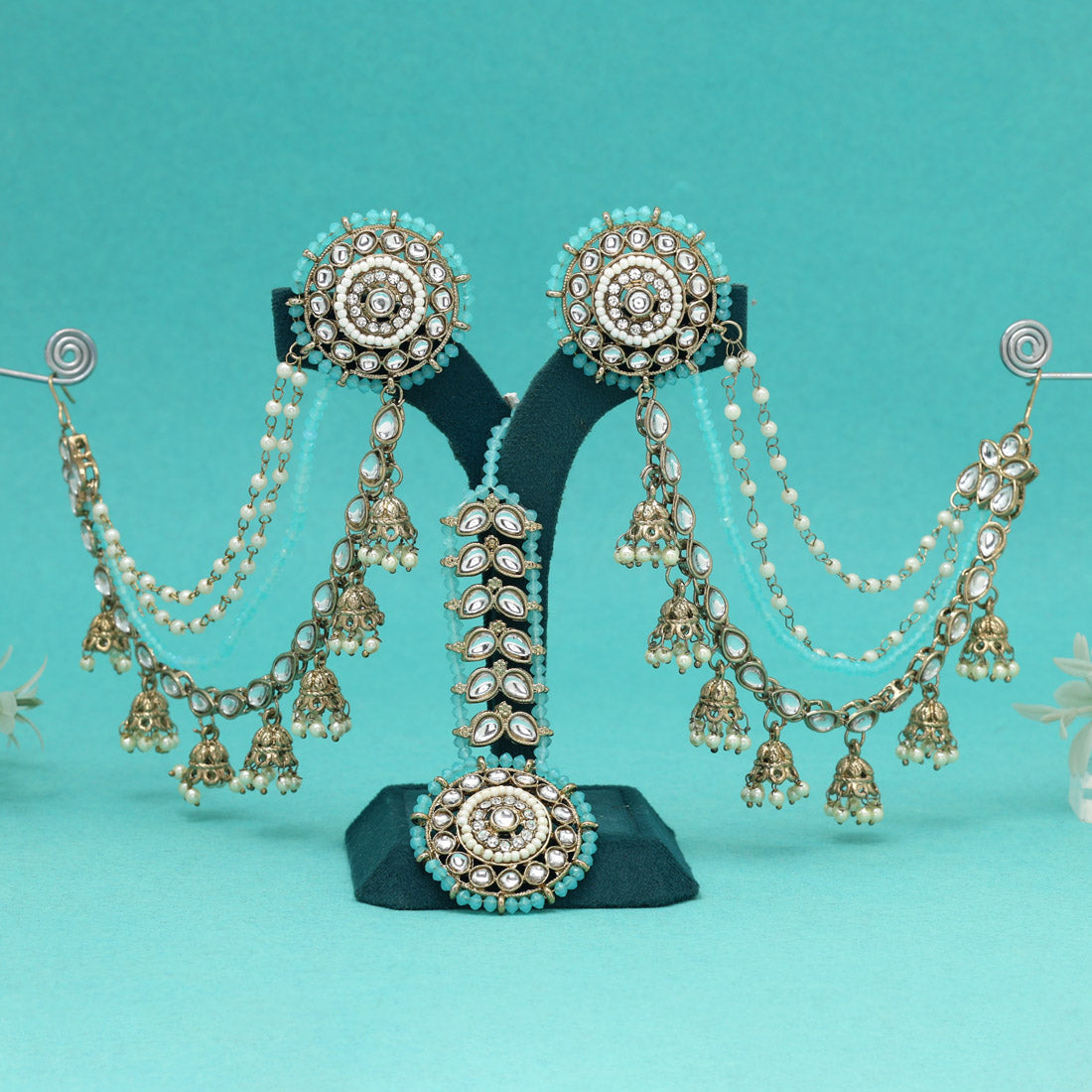 Ocean Firozi Color Kundan Earrings With Maang Tikka