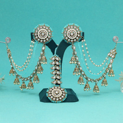 Ocean Firozi Color Kundan Earrings With Maang Tikka