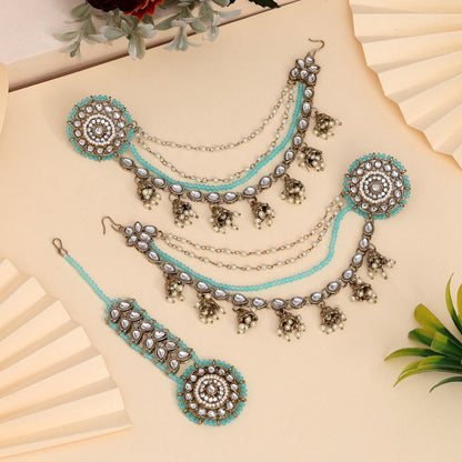 Ocean Firozi Color Kundan Earrings With Maang Tikka