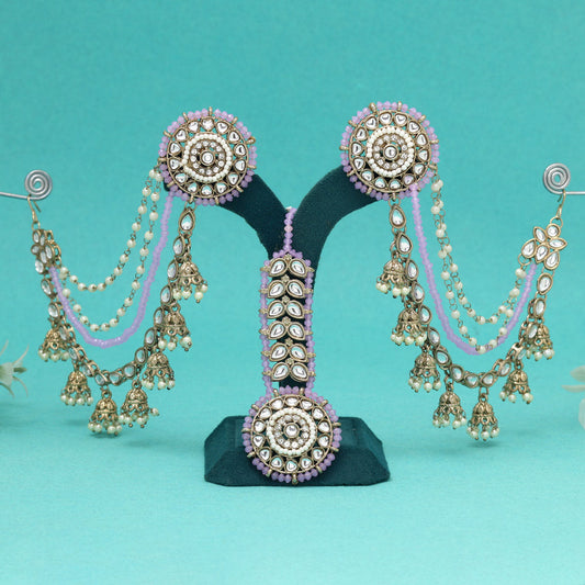 Delicate Light Purple Color Kundan Earrings With Maang Tikka
