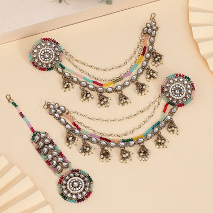 Festive Multi Color Kundan Earrings With Maang Tikka