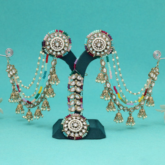 Festive Multi Color Kundan Earrings With Maang Tikka