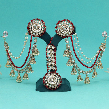 Deep Maroon Color Kundan Earrings With Maang Tikka