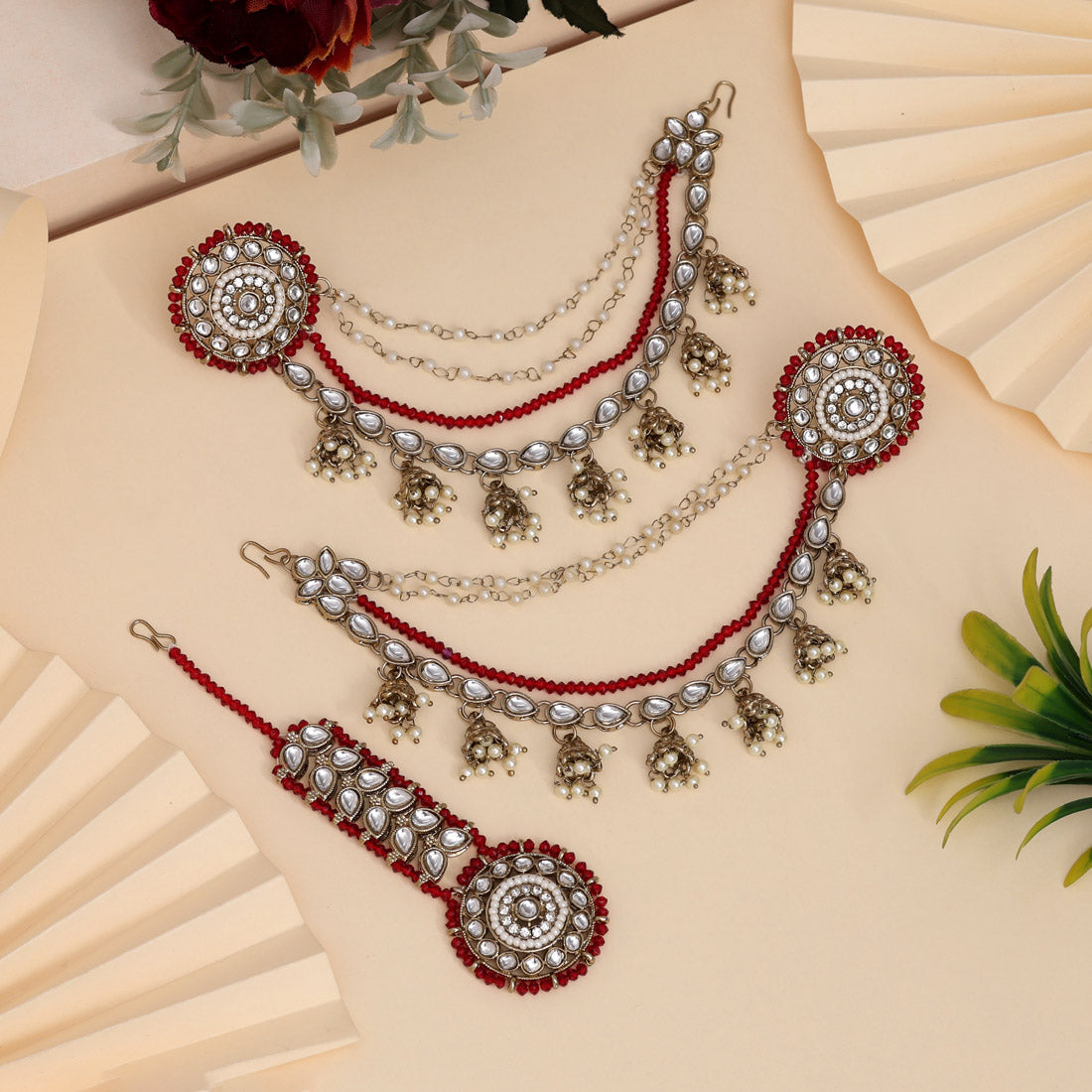 Deep Maroon Color Kundan Earrings With Maang Tikka