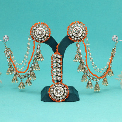 Vibrant Orange Color Kundan Earrings With Maang Tikka
