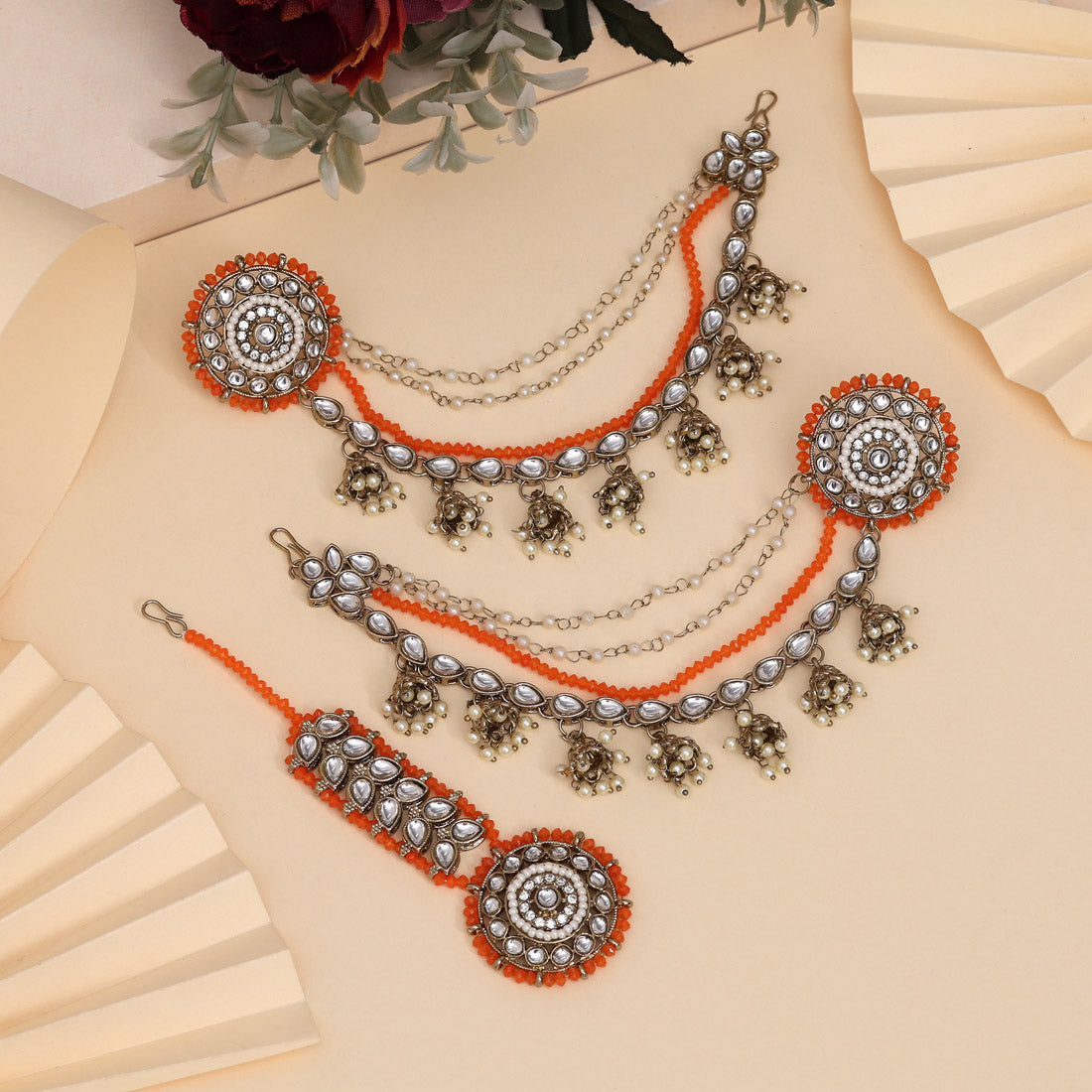 Vibrant Orange Color Kundan Earrings With Maang Tikka