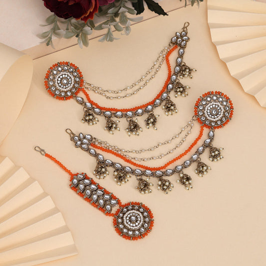 Vibrant Orange Color Kundan Earrings With Maang Tikka