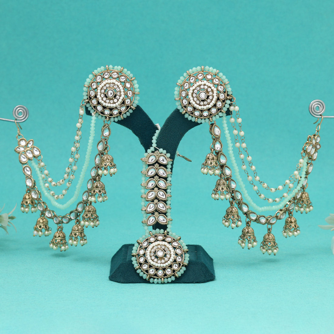 Fresh Pista Green Color Kundan Earrings With Maang Tikka