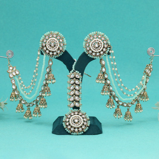 Fresh Pista Green Color Kundan Earrings With Maang Tikka