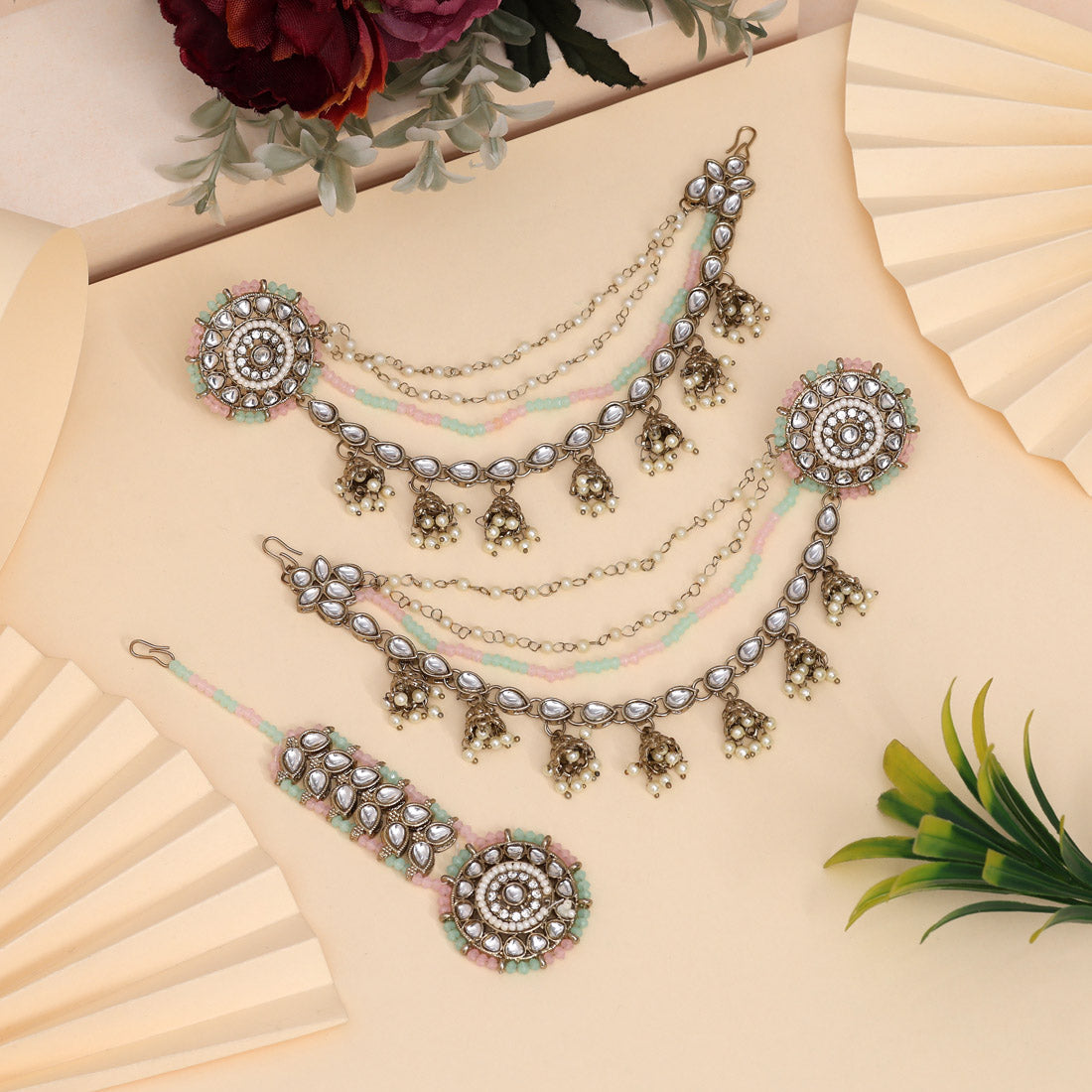 Blush & Mint Pista Green Color Kundan Earrings With Maang Tikka
