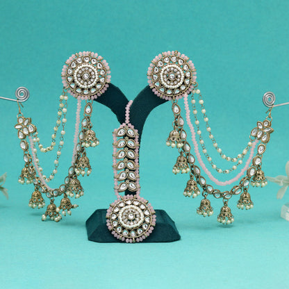 Soft Pink Color Kundan Earrings With Maang Tikka