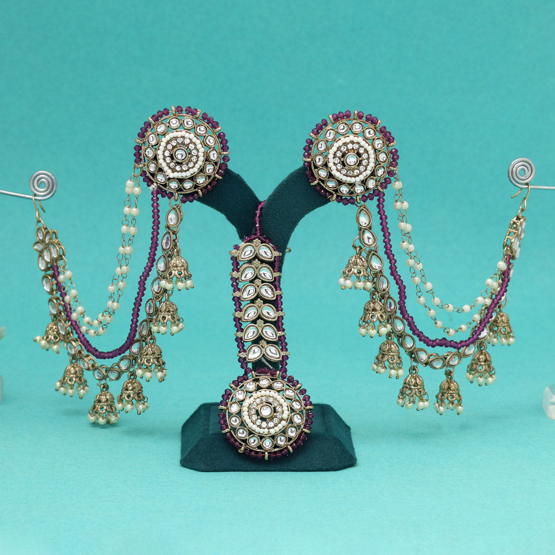 Royal Purple Color Kundan Earrings With Maang Tikka