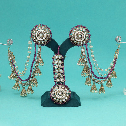 Royal Purple Color Kundan Earrings With Maang Tikka