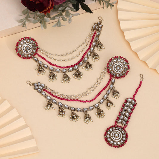 Rich Rani Color Kundan Earrings With Maang Tikka