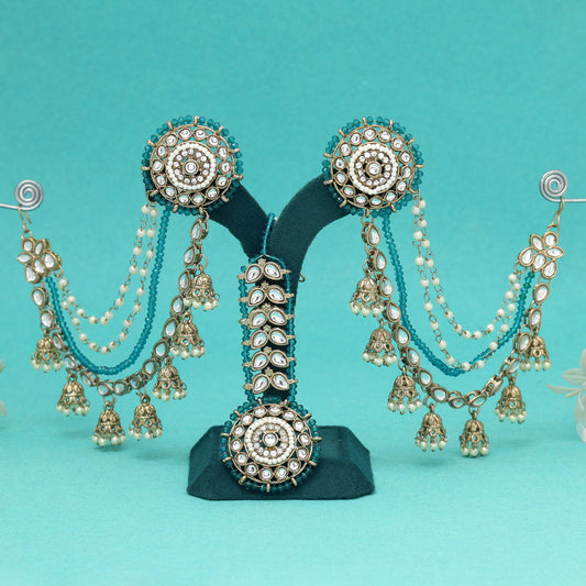 Cool Turquoise Blue Color Kundan Earrings With Maang Tikka