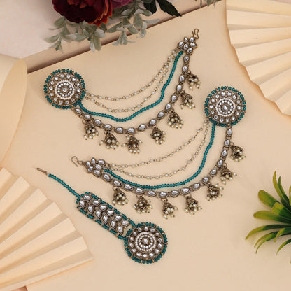 Cool Turquoise Blue Color Kundan Earrings With Maang Tikka