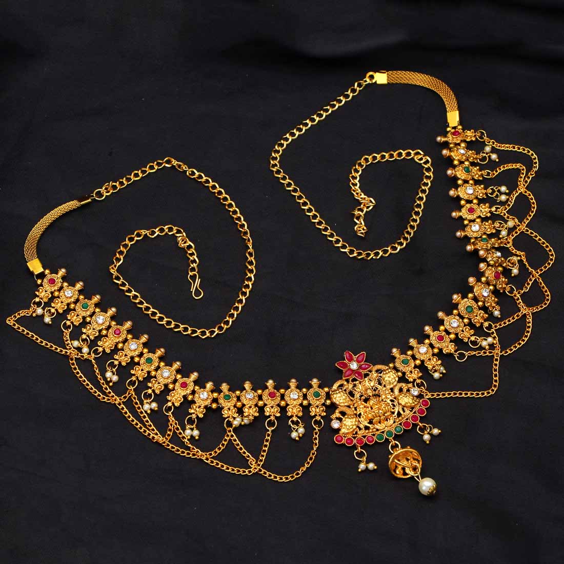 Maroon & Green Color Glass Stone Kamarband (KMBND352MG)