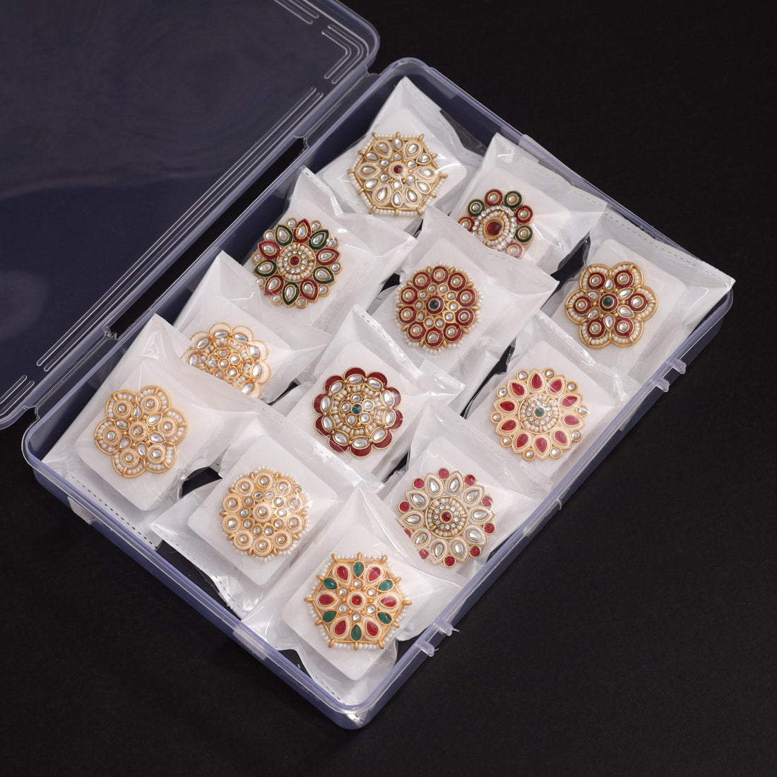 Assorted Color Assorted Design 12 Pieces Of Kundan Meena Finger Rings (KMR281CMB)