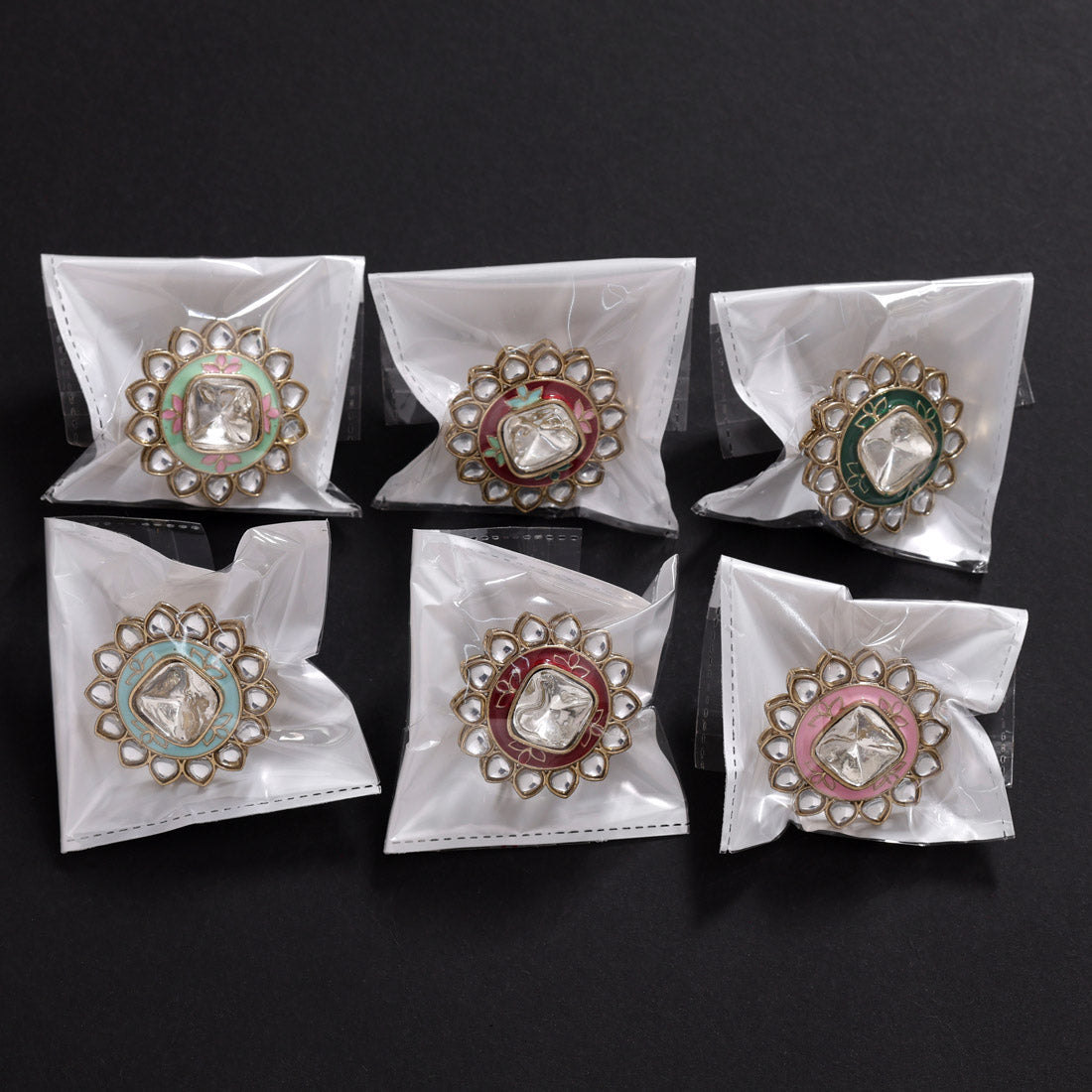 Assorted Color 6 Pieces Of Kundan Meena Finger Rings (KMR285CMB)