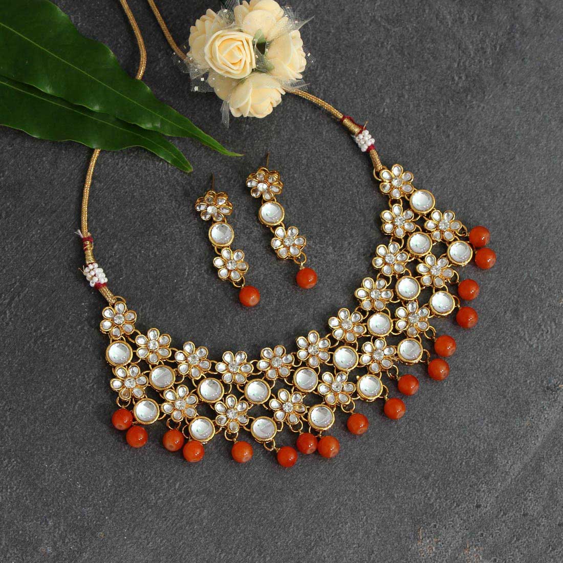 Orange Color Kundan Necklace Set (KN1047ORG)