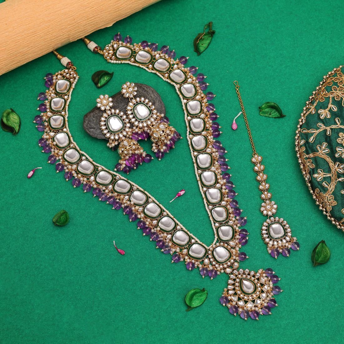 Light Purple Color Long Kundan Necklace Set (KN1344LPRP)