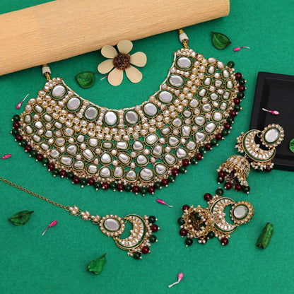 Maroon & Green Color Kundan Necklace Set (KN1345MG)