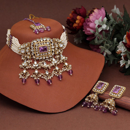 Light Purple Color Choker Kundan Necklace Set (KN1357LPRP)