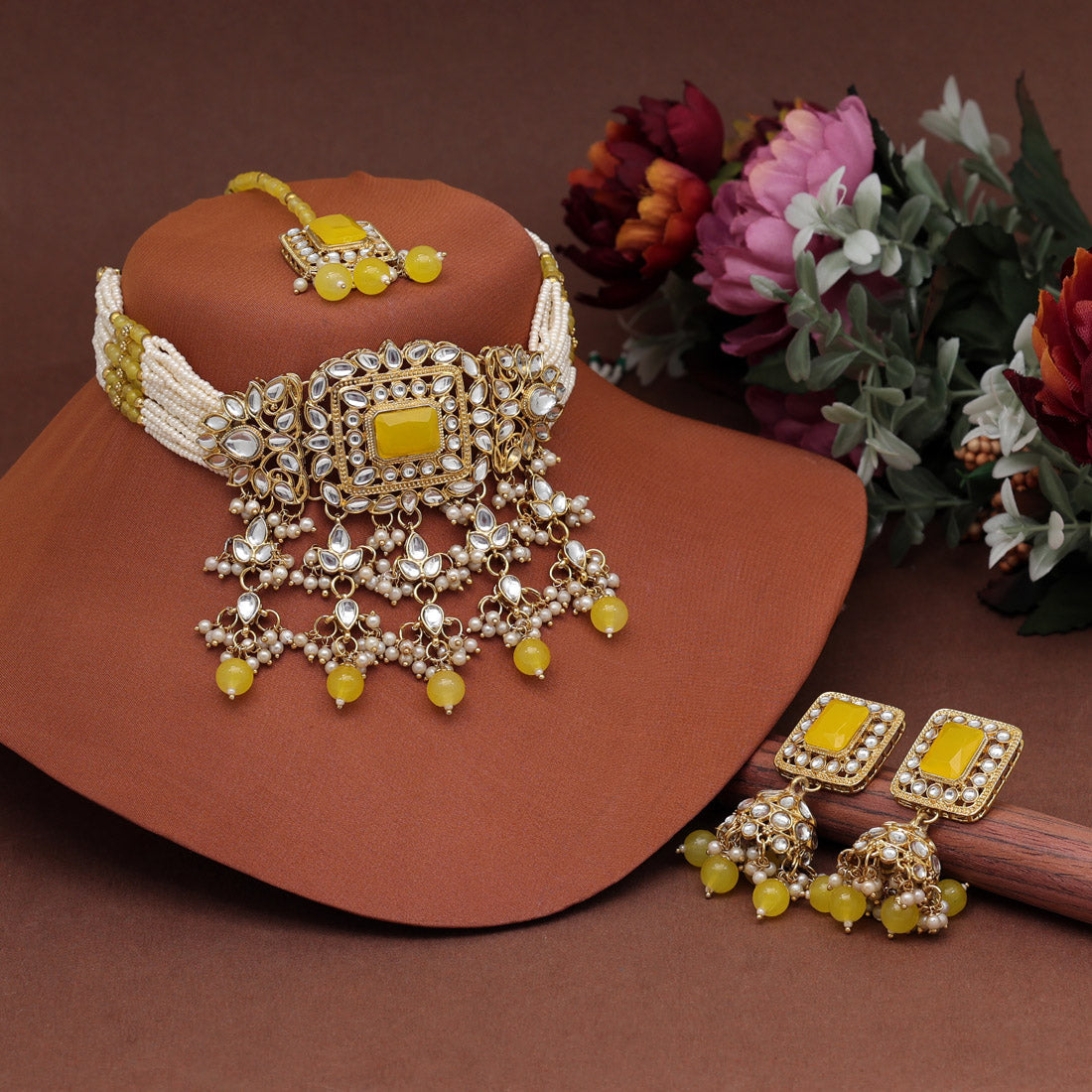 Yellow Color Choker Kundan Necklace Set (KN1357YLW)