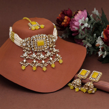 Yellow Color Choker Kundan Necklace Set (KN1357YLW)