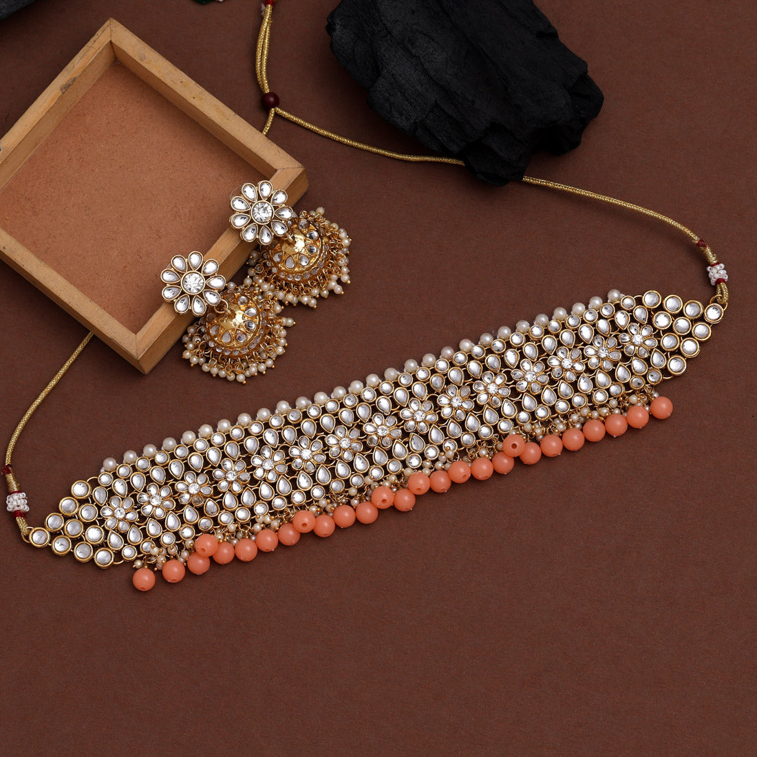 Peach Color Choker Kundan Necklace Set (KN136PCH)
