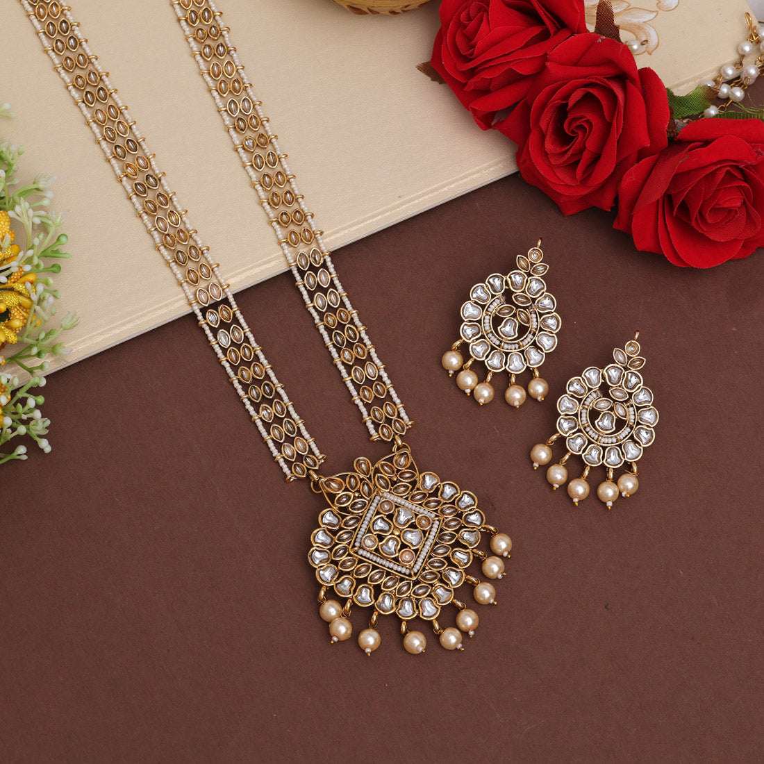Gold Color Long Kundan Necklace Set (KN1383GLD)