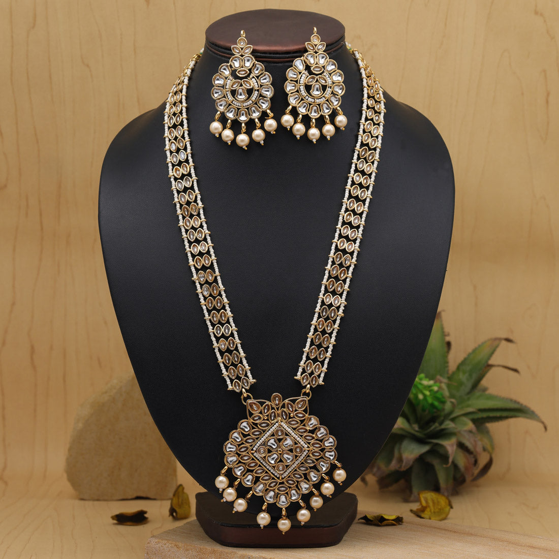 Gold Color Long Kundan Necklace Set (KN1383GLD)