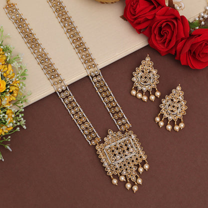 Gold Color Long Kundan Necklace Set (KN1384GLD)