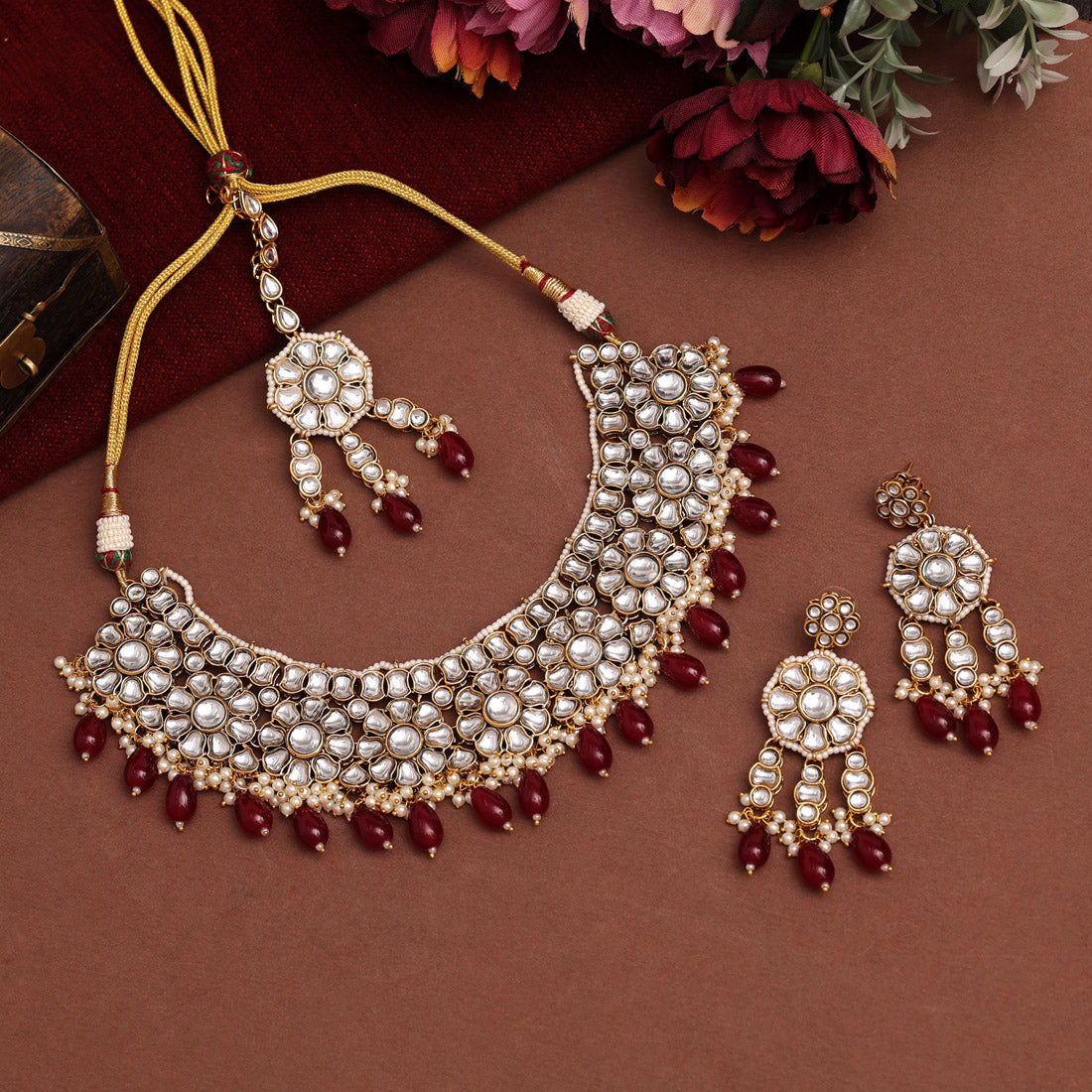 Maroon Color Kundan Necklace Set (KN1390MRN)