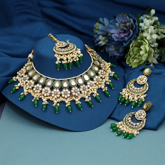 Green Color Meena Work Kundan Necklace Set (KN1391GRN)