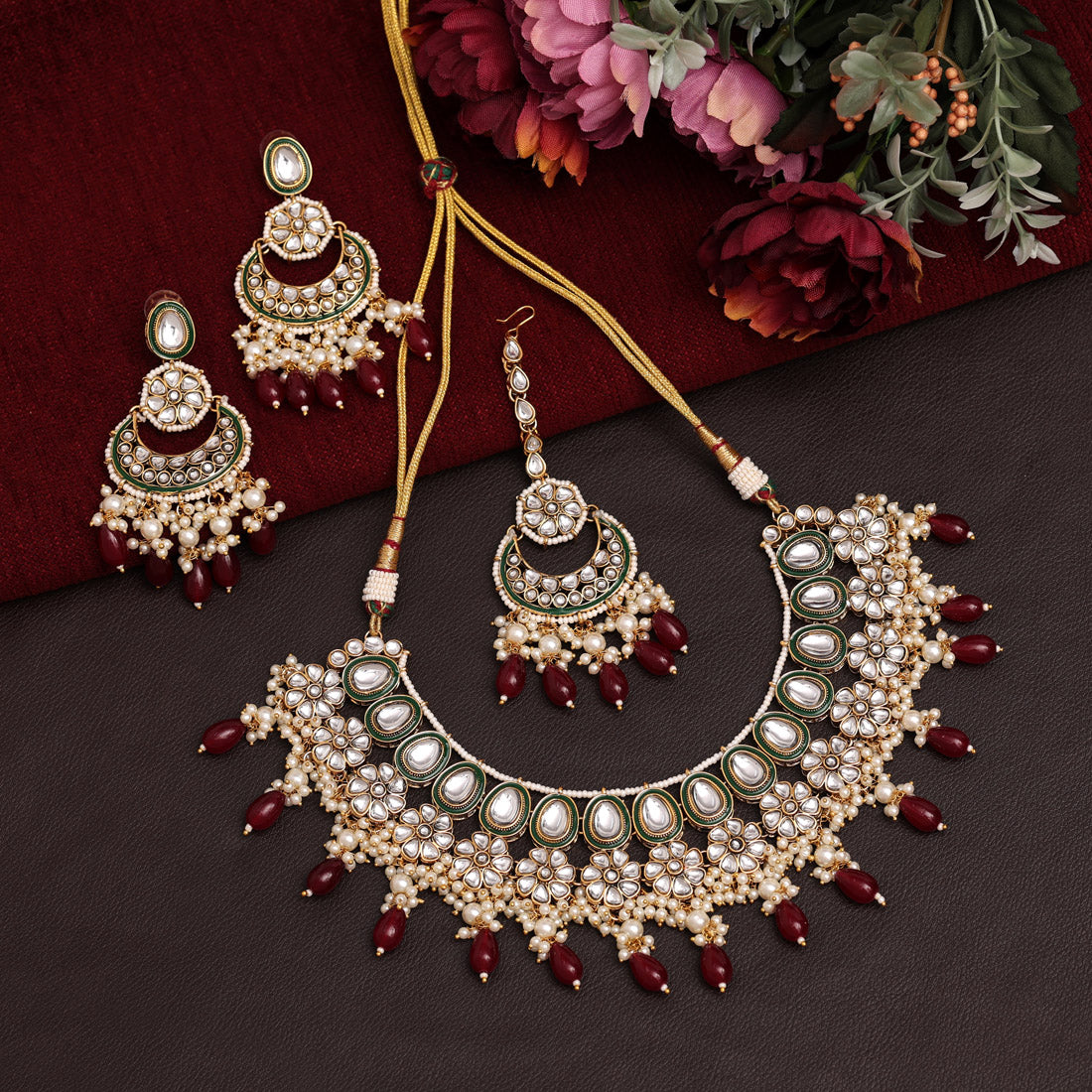 Maroon Color Meena Work Kundan Necklace Set (KN1391MRN)