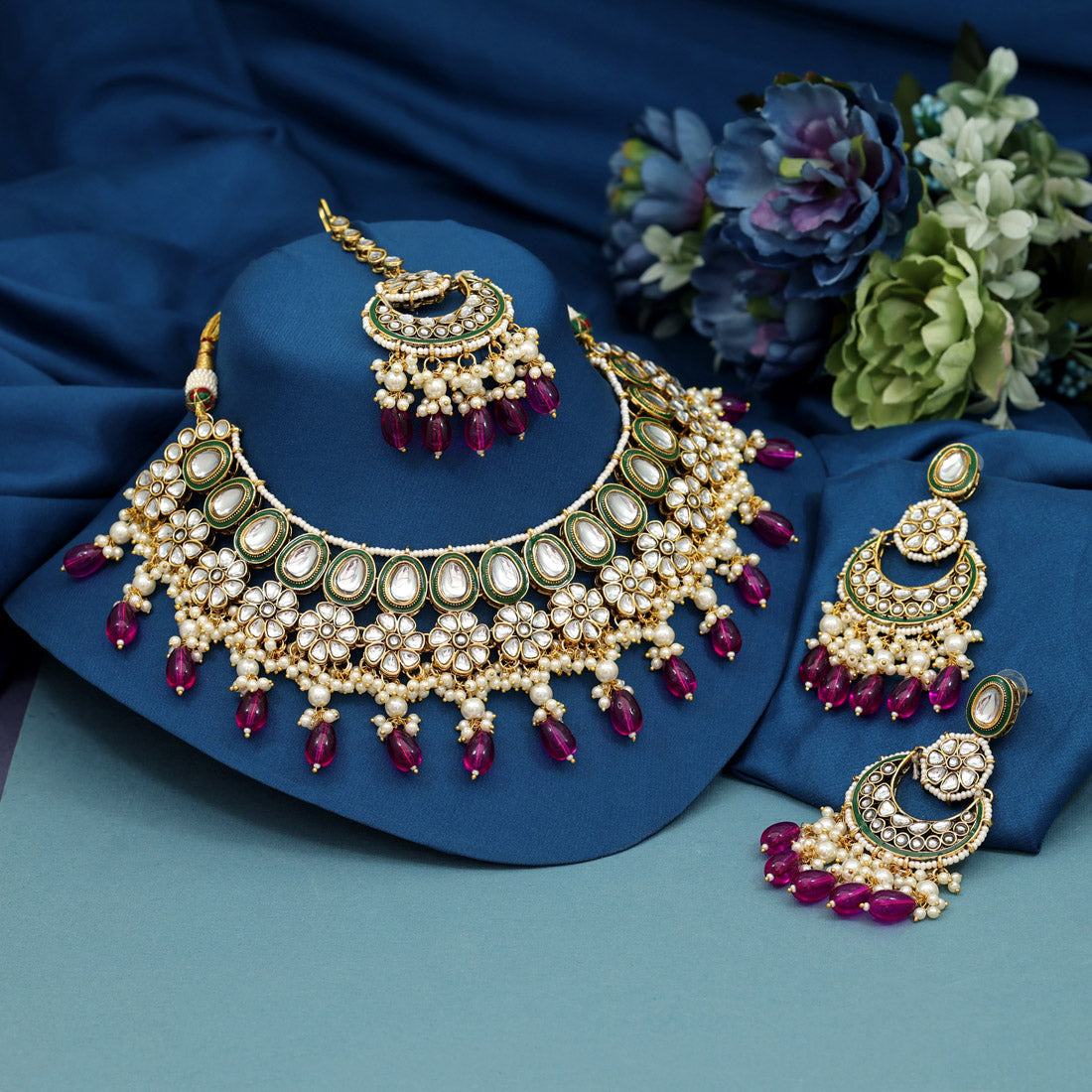 Rani Color Meena Work Kundan Necklace Set (KN1391RNI)
