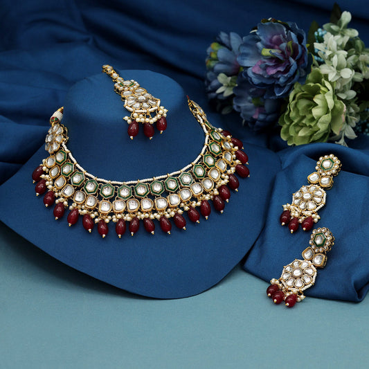 Maroon Color Meena Work Kundan Necklace Set (KN1392MRN)