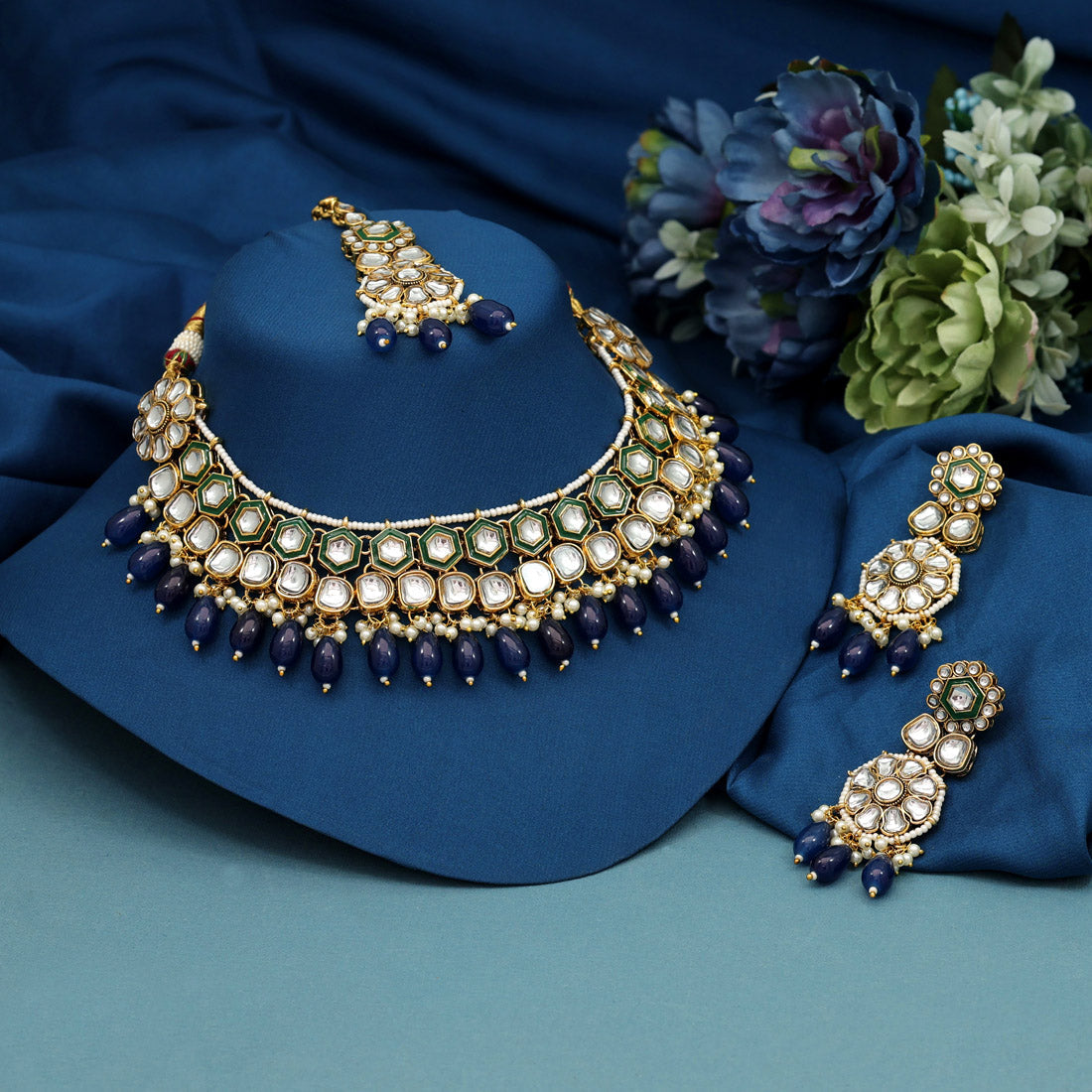 Navy Blue Color Meena Work Kundan Necklace Set (KN1392NBLU)