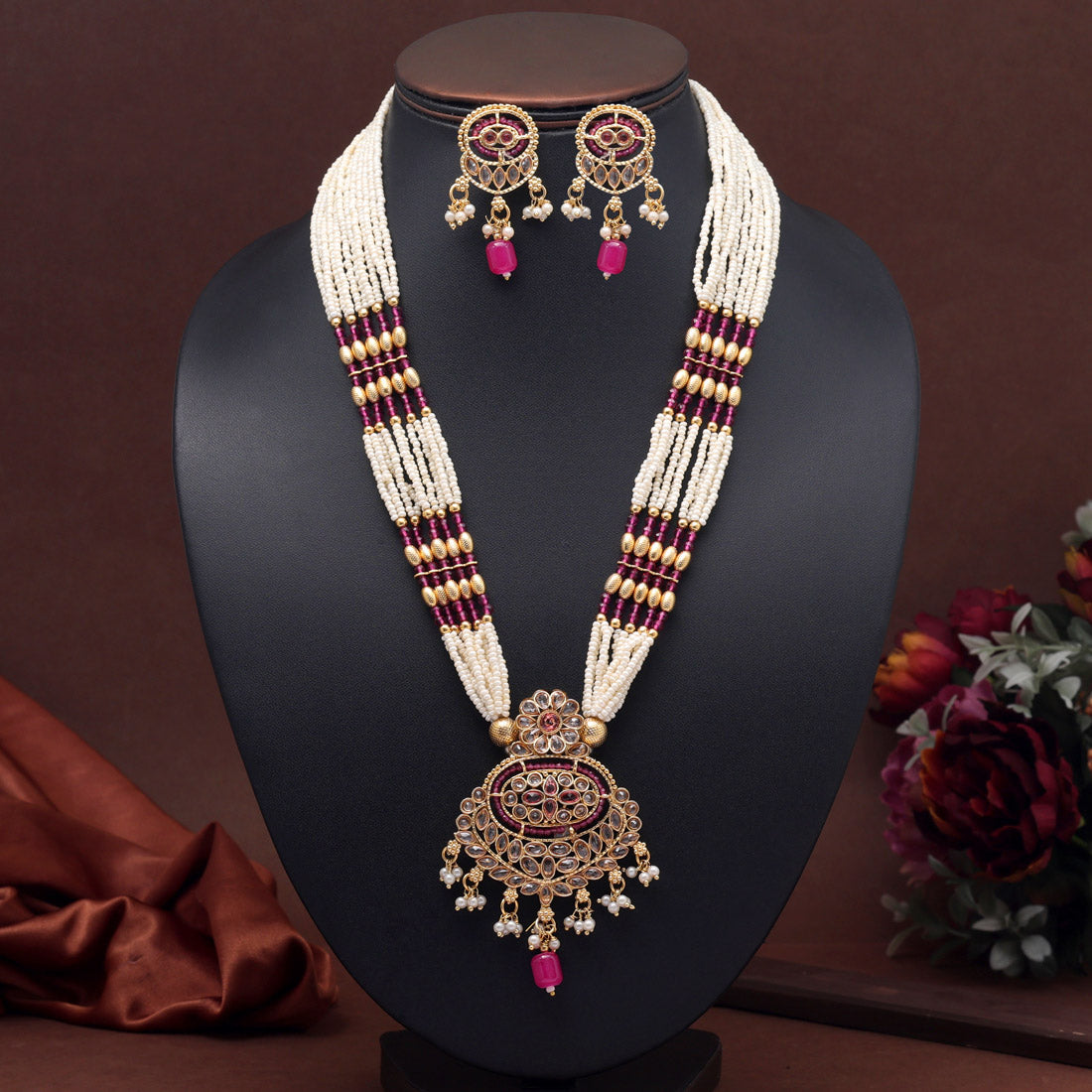 Rani Color Long Kundan Necklace Set (KN1404RNI)