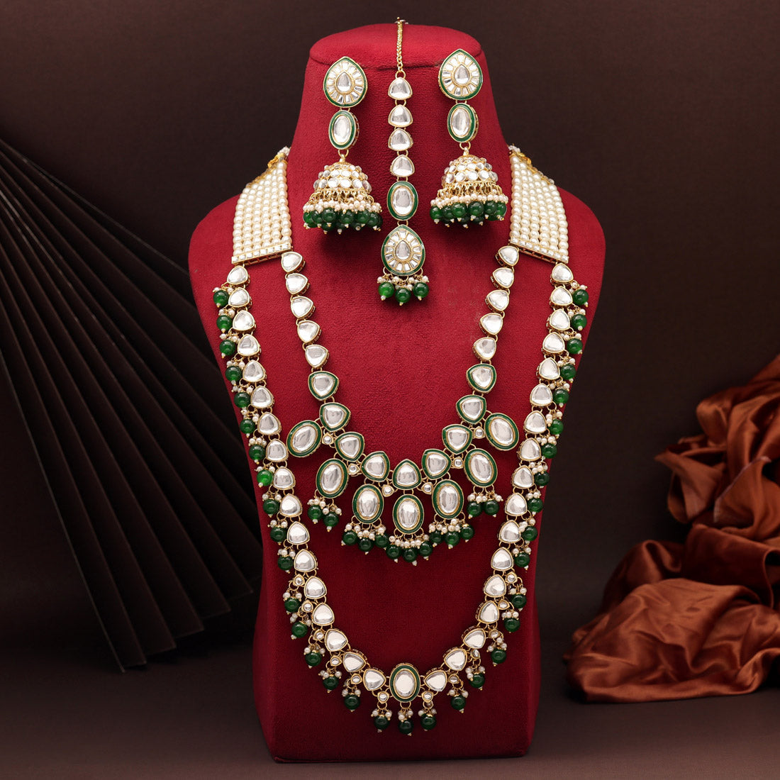 Maroon & Green Color Kundan Necklace Set