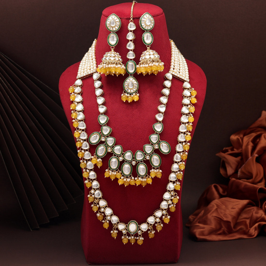 Maroon & Green Color Kundan Necklace Set