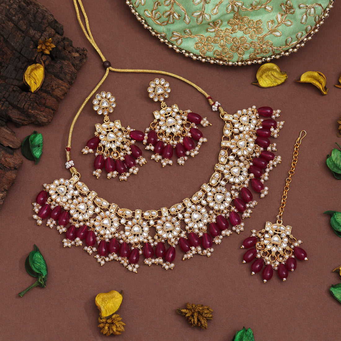Rani Color Kundan Necklace Set (KN1417RNI)